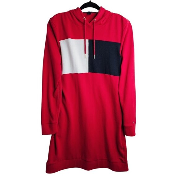 TOMMY HILFIGER Hoodie Sweatshirt Shirt Dress RED BLUE WHITE size M Long Sleeve - Picture 1 of 4